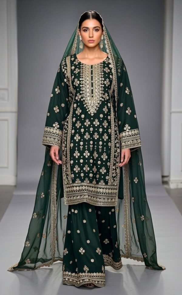green chiffon embroidered gharara suit