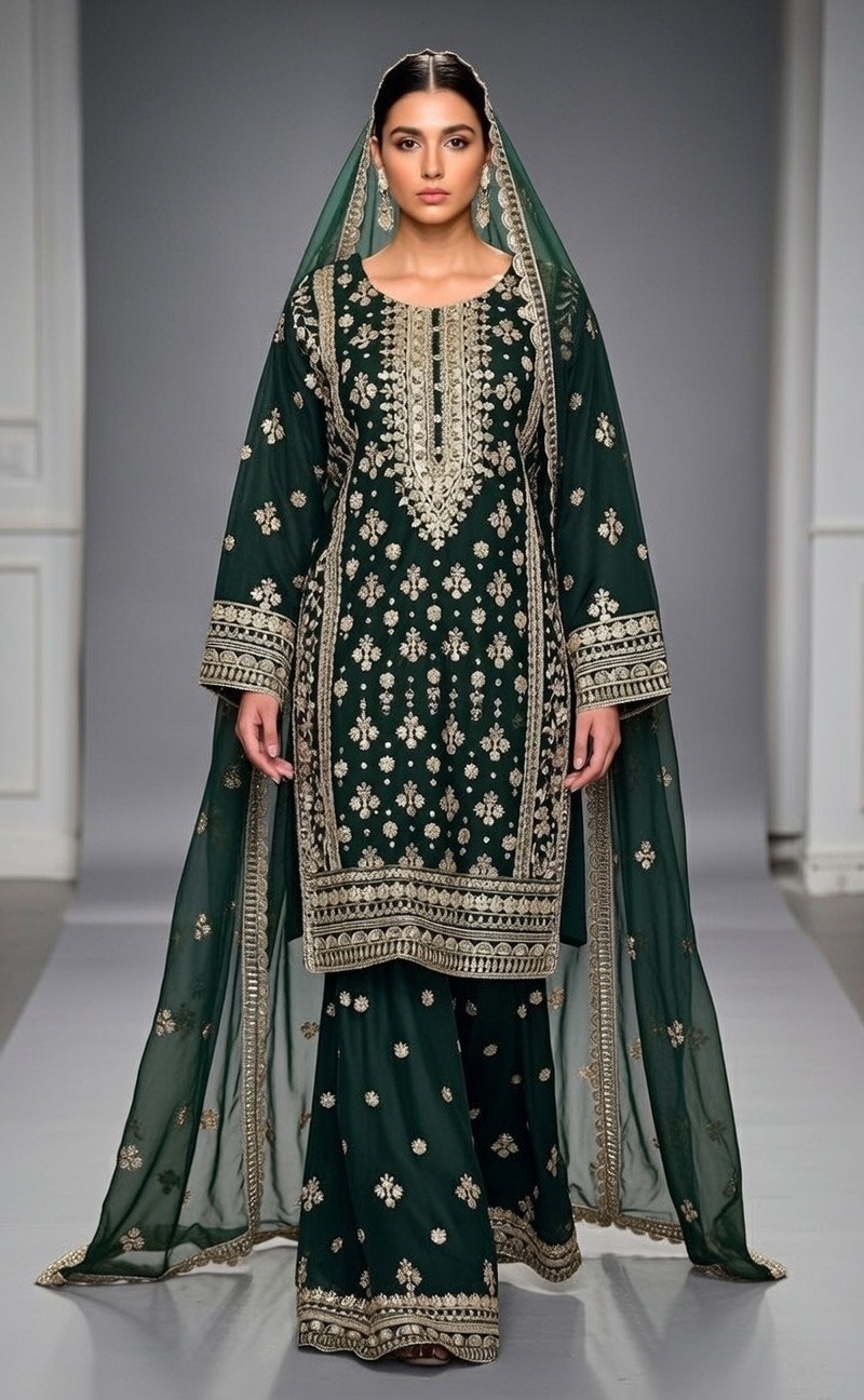 green chiffon embroidered gharara suit