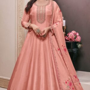 peach pink silk embroidered party wear anarkali suit
