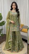 elegant olive green hand embroidered sharara set