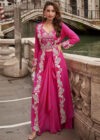 pink embroidered jacket style sharara suit