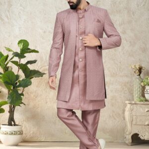 onion pink lacknowi thread sherwani suit