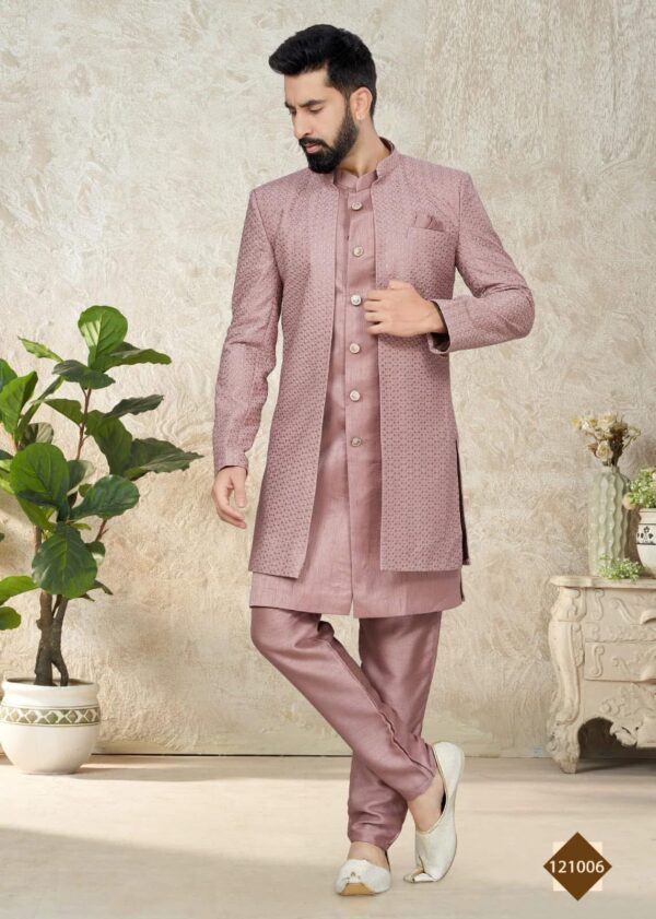 onion pink lacknowi thread sherwani suit