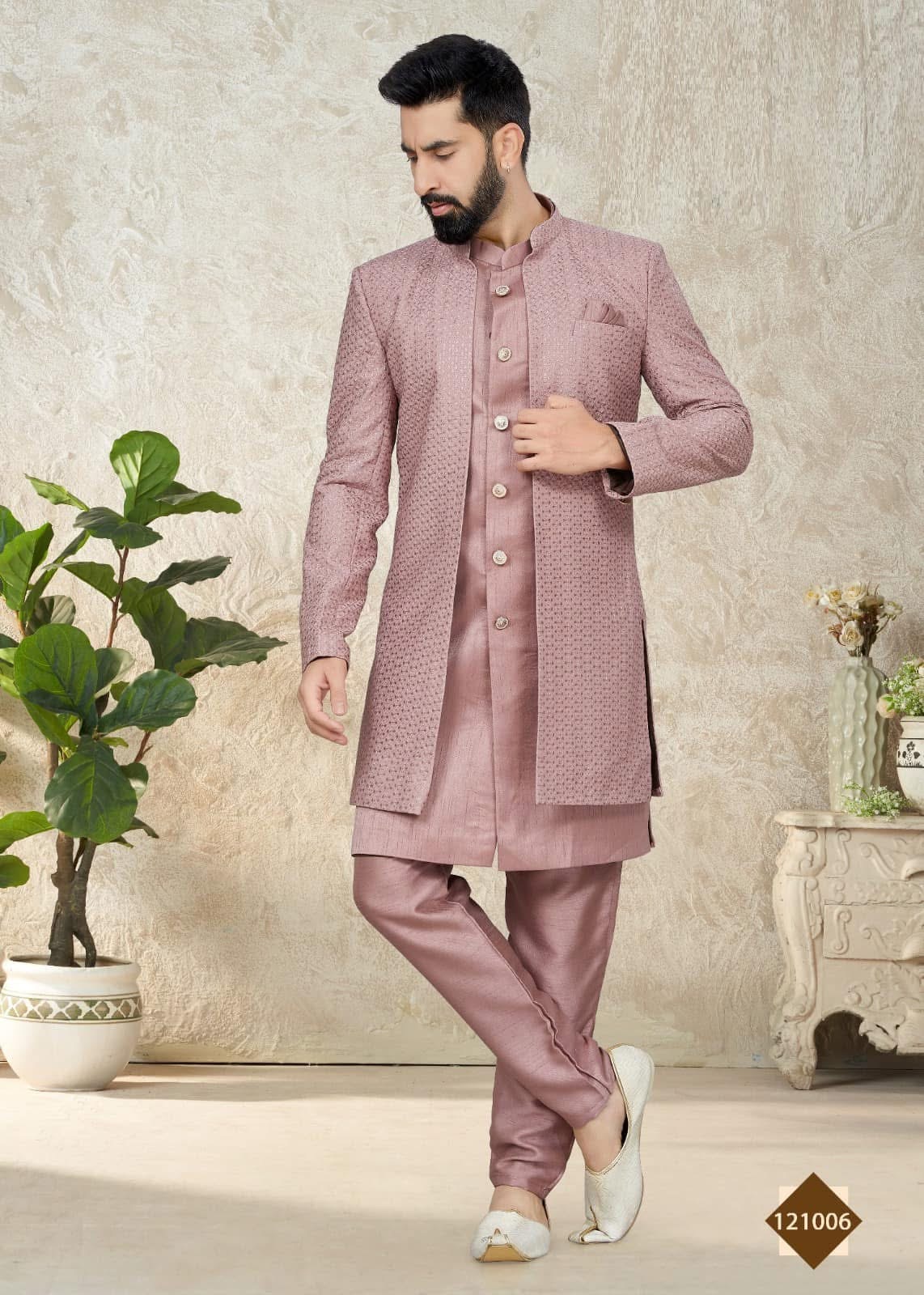 onion pink lacknowi thread sherwani suit