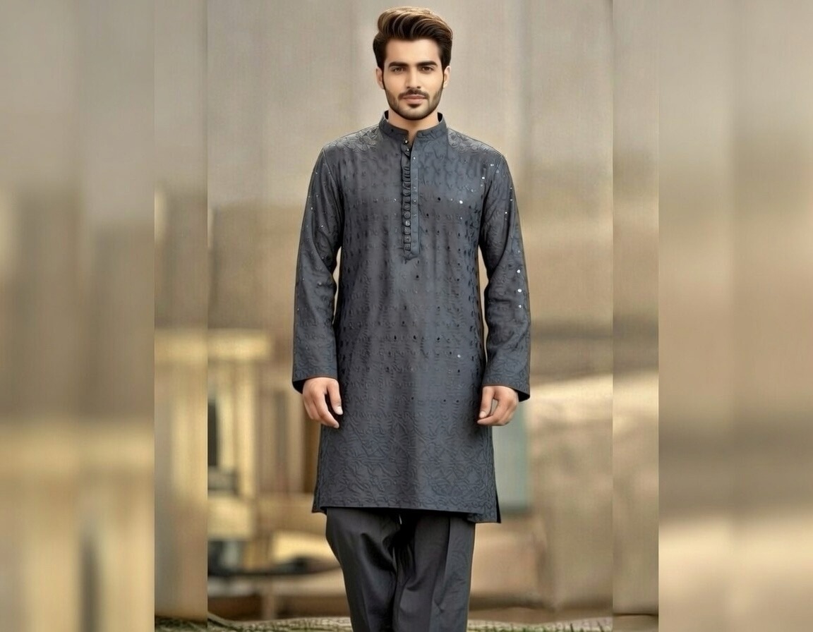 peach embroidered silk kurta pajama (copy) Black embroidered silk kurta pajama