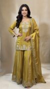 golden organza embroidered sharara suit