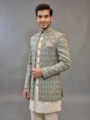 green jacquard indowestern suit