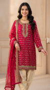 red 3 piece gold embroidery mirror work kameez