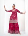 red silk embroidered sharara suit