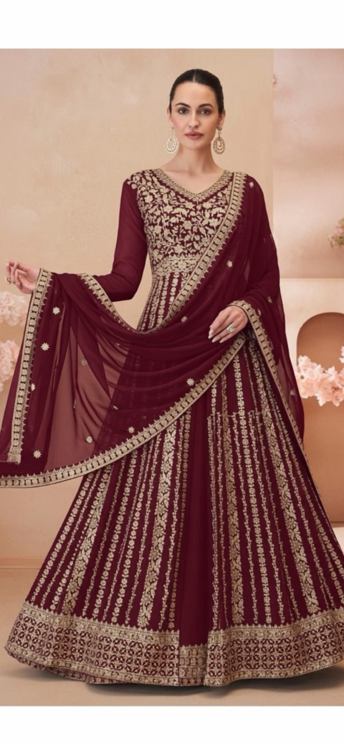 Maroon Gold Embroidered Gown - Image 3