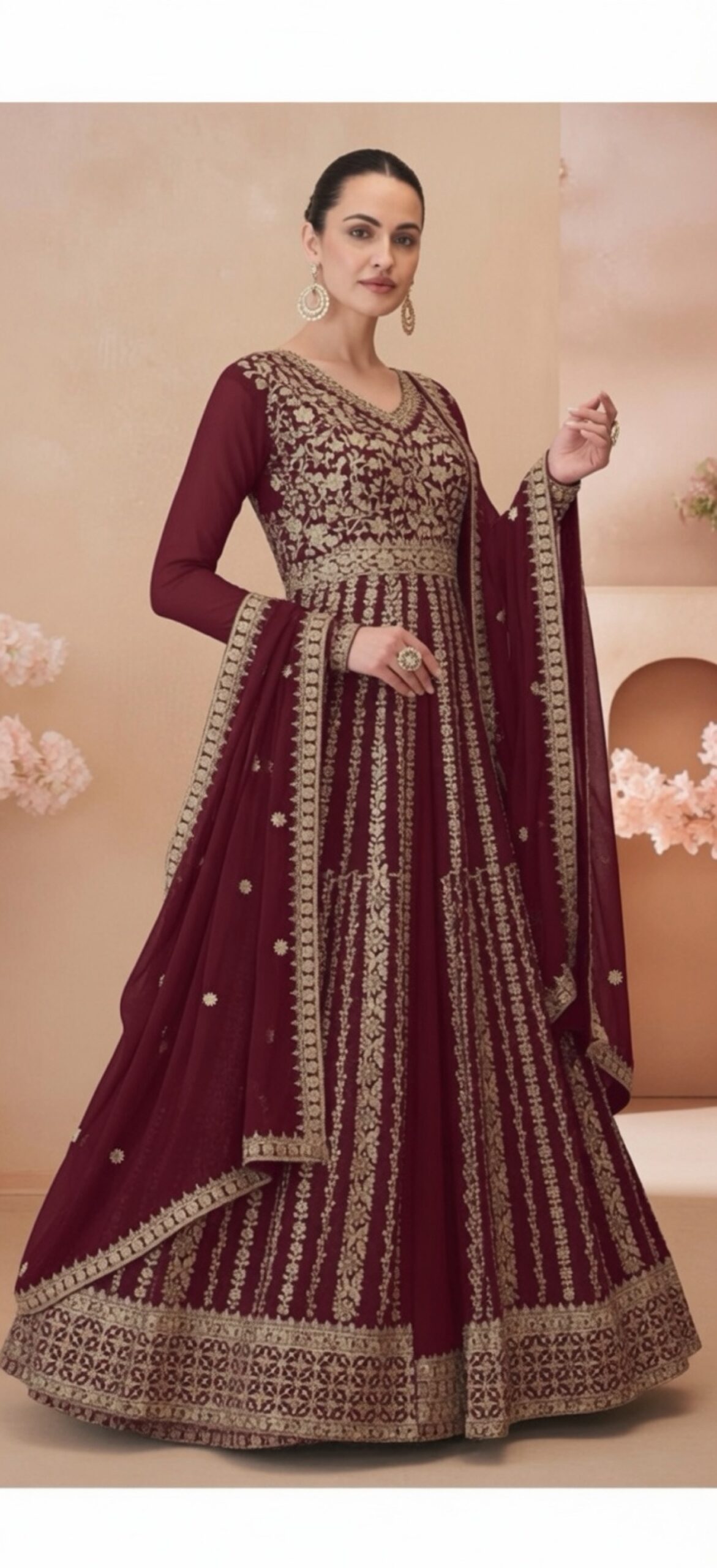 Maroon Gold Embroidered Gown - Image 2
