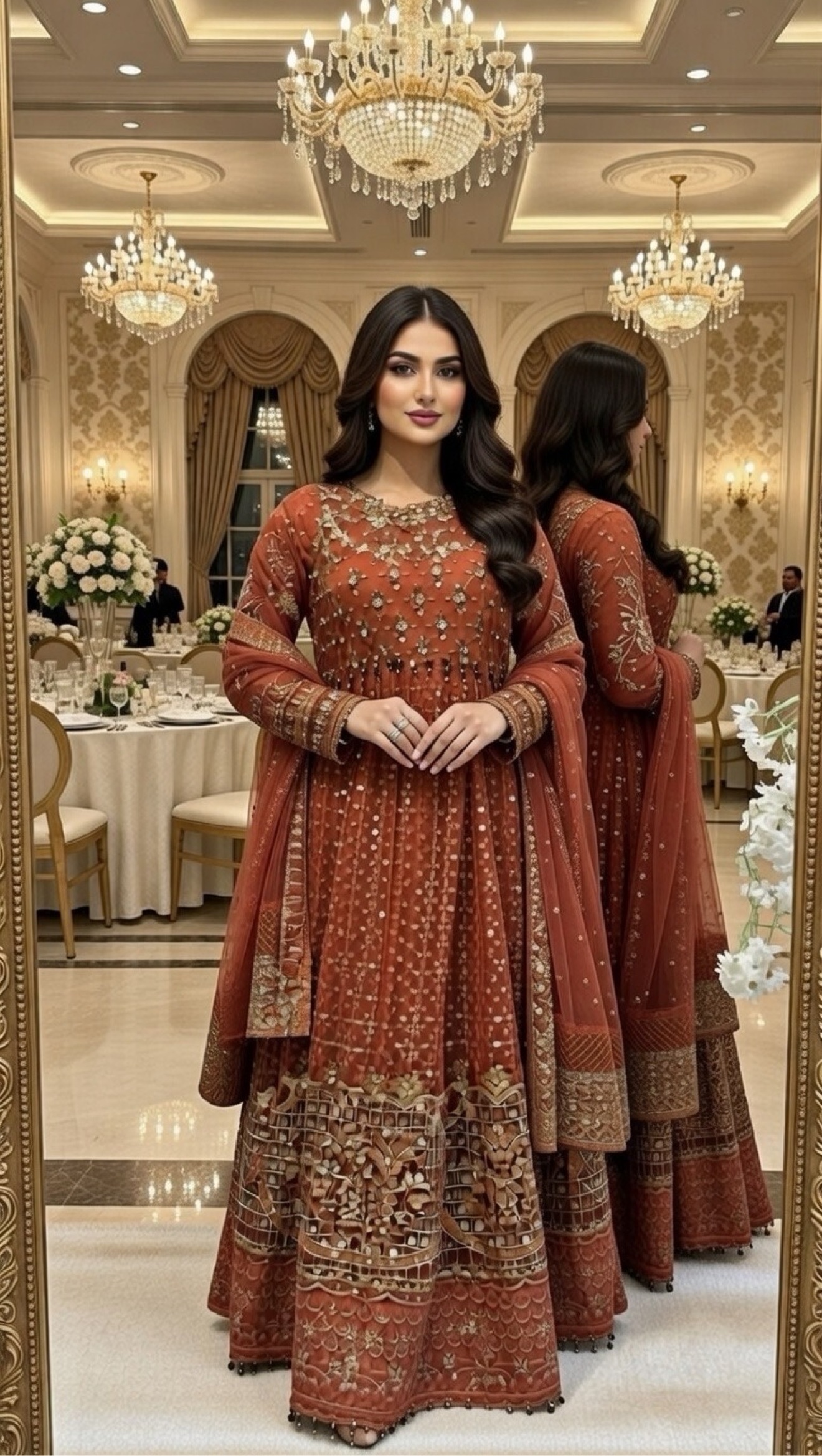 Rust Orange Embroidered Anarkali