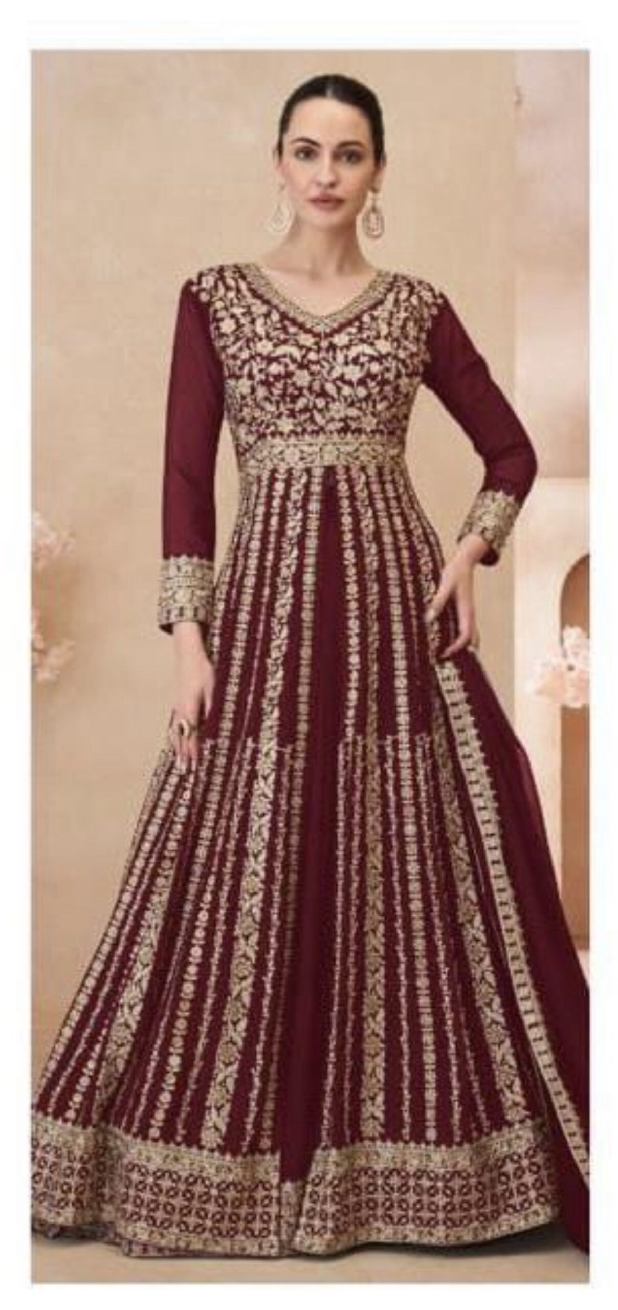 Maroon Gold Embroidered Gown