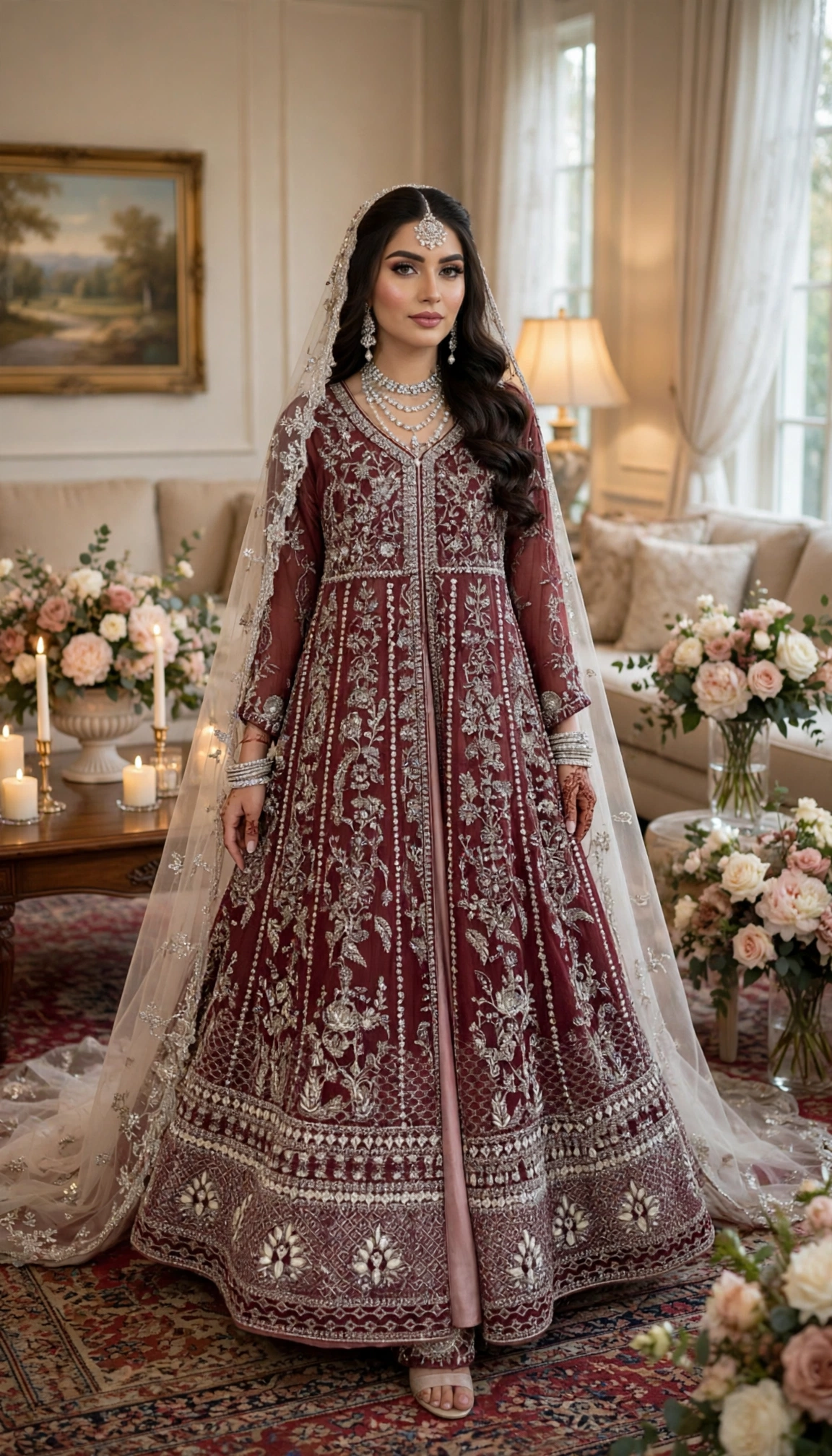 Maroon Embroidered Gown with Long Jacket - Image 3