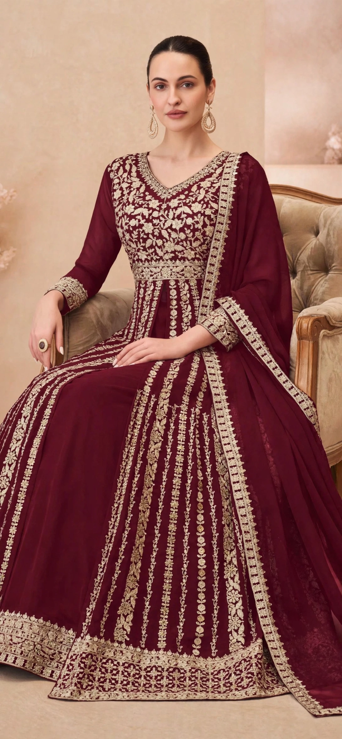 Maroon Gold Embroidered Gown - Image 5
