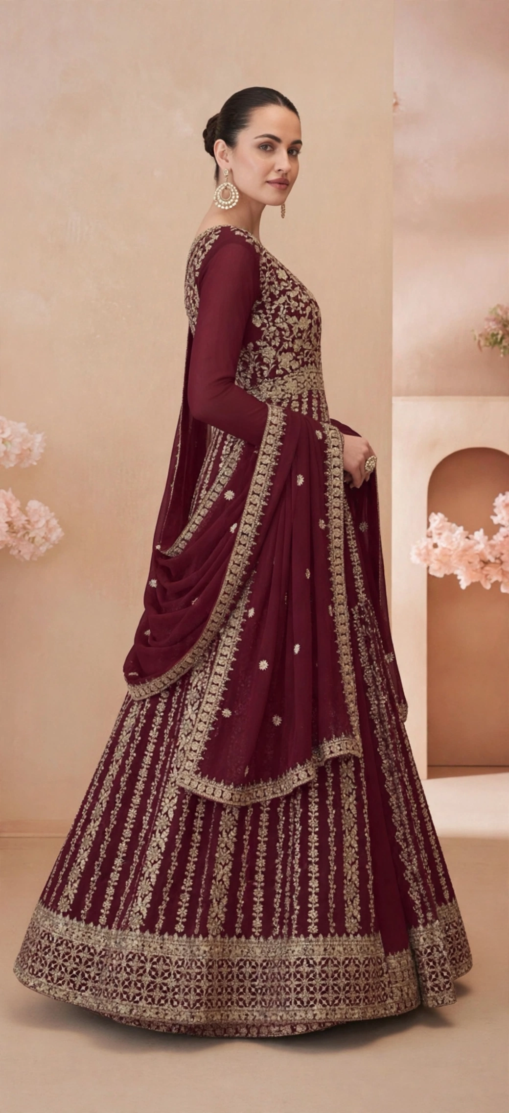 Maroon Gold Embroidered Gown - Image 6