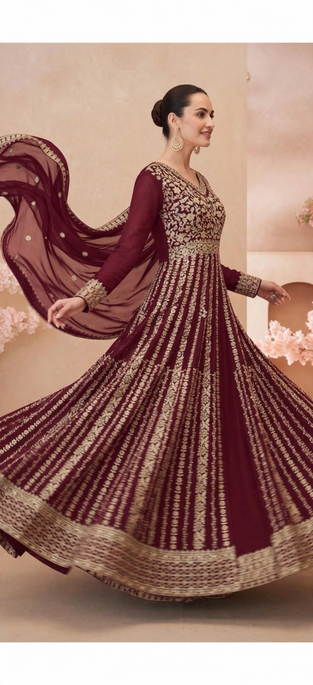 Maroon Gold Embroidered Gown - Image 4