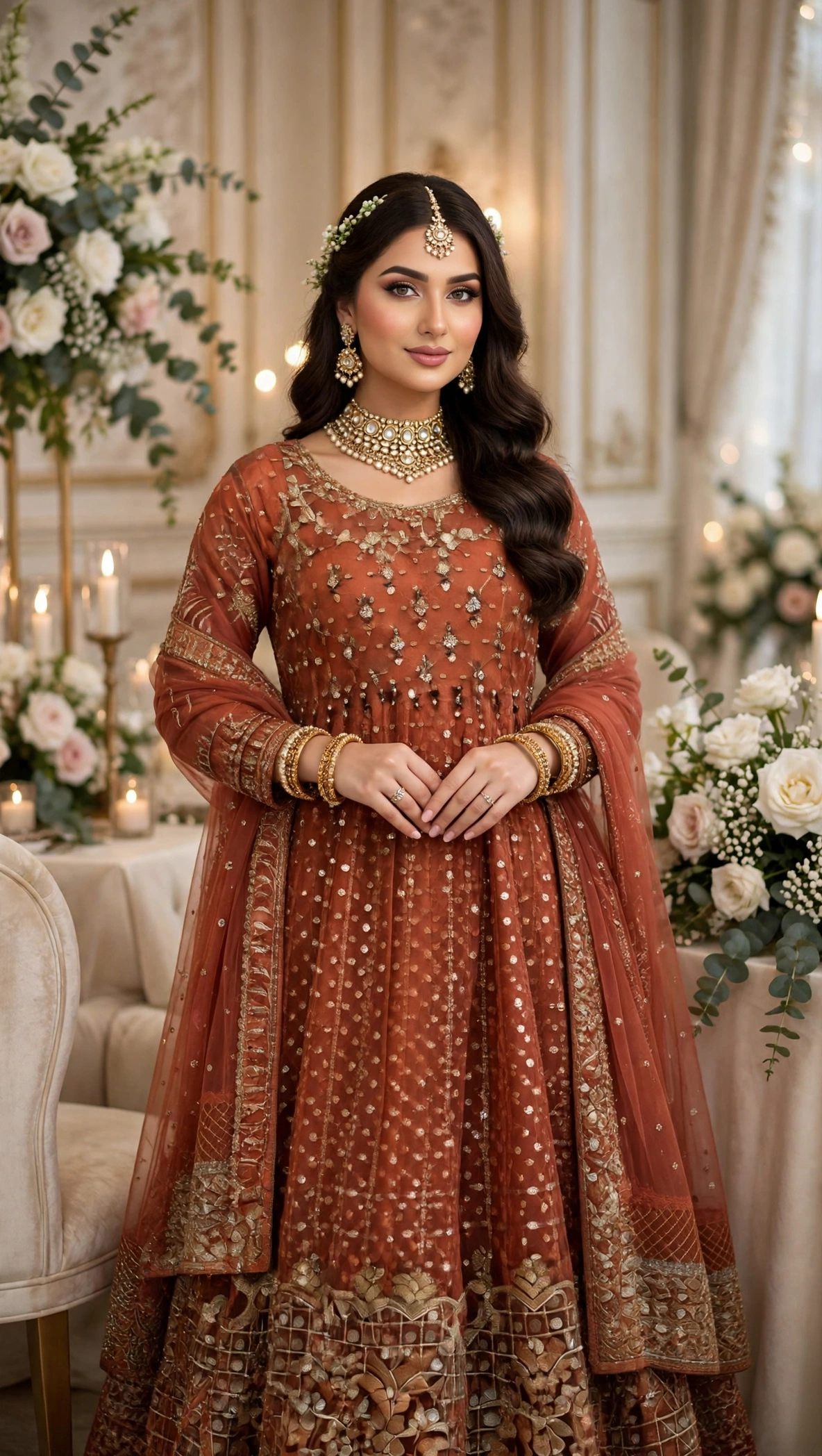 Rust Orange Embroidered Anarkali - Image 2