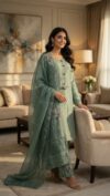 sage green floral embroidered kurta set with palazzo & dupatta