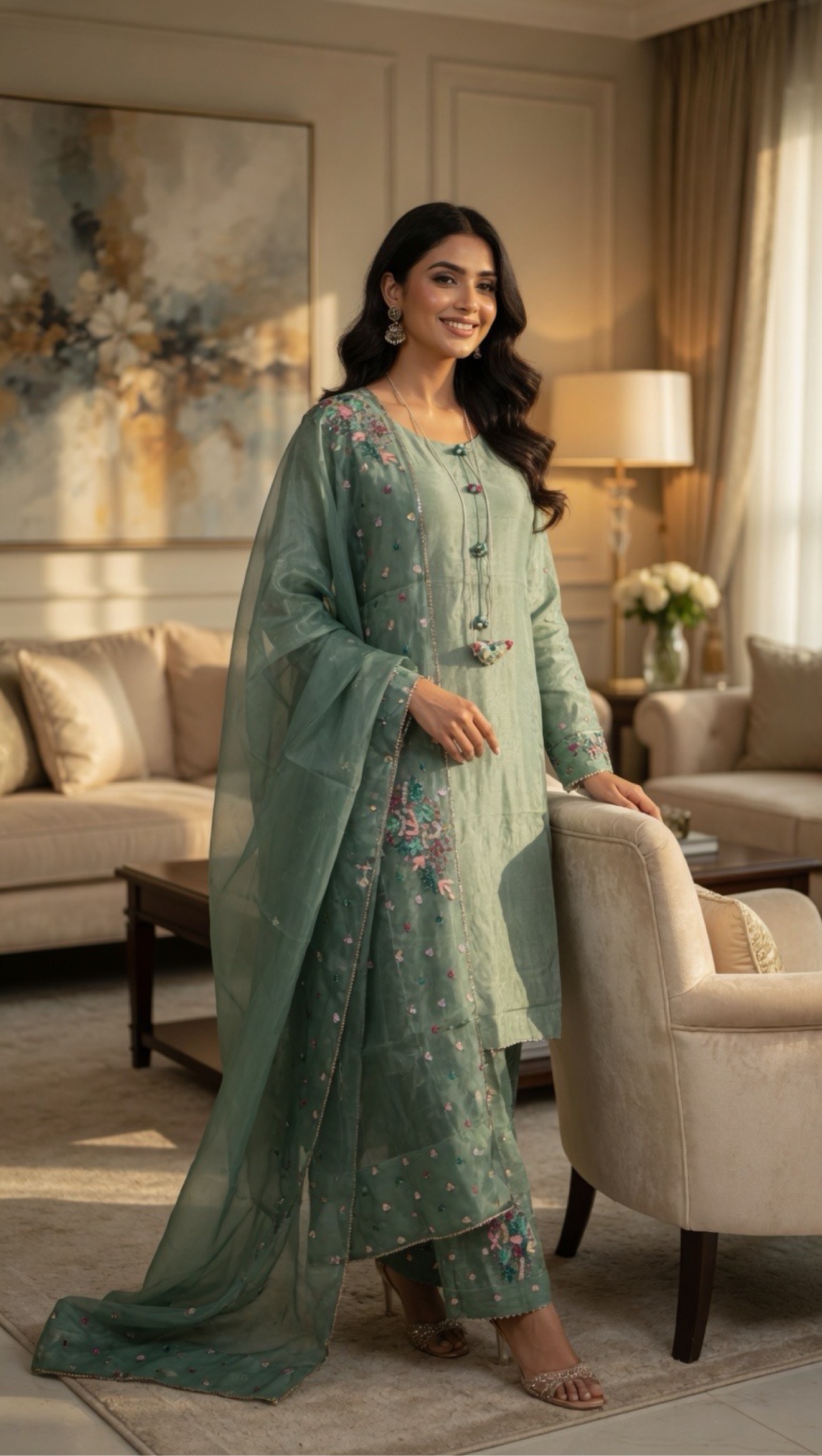 sage green floral embroidered kurta set with palazzo & dupatta sage green floral embroidered kurta set with palazzo & dupatta