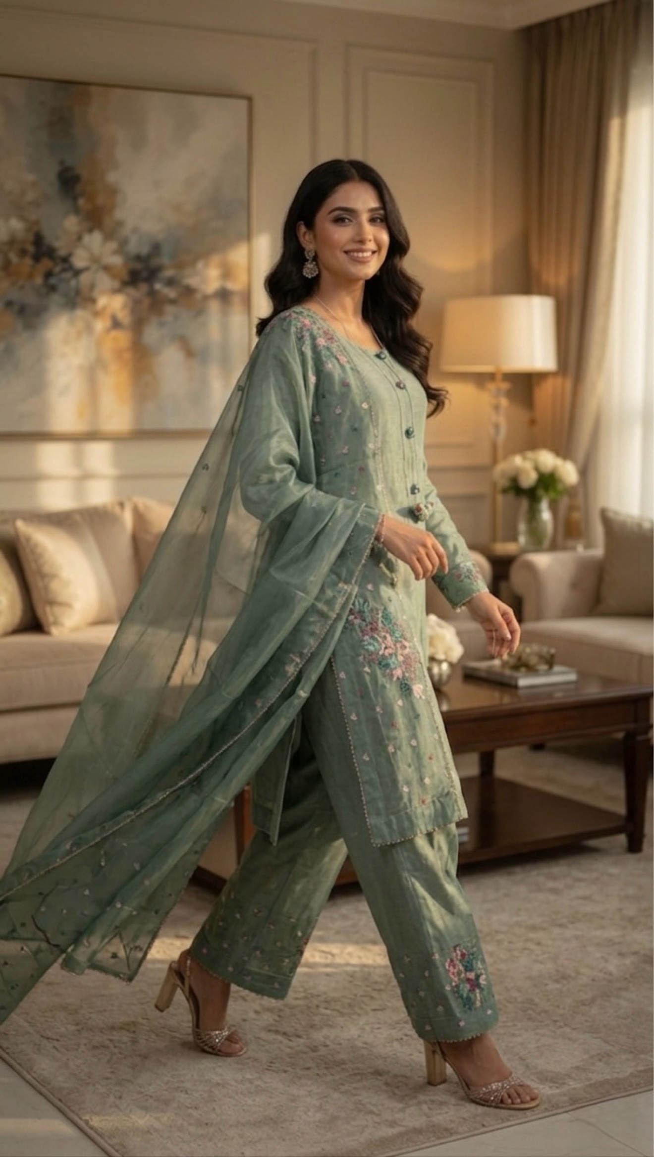 sage green floral embroidered kurta set with palazzo & dupatta sage green floral embroidered kurta set with palazzo & dupatta