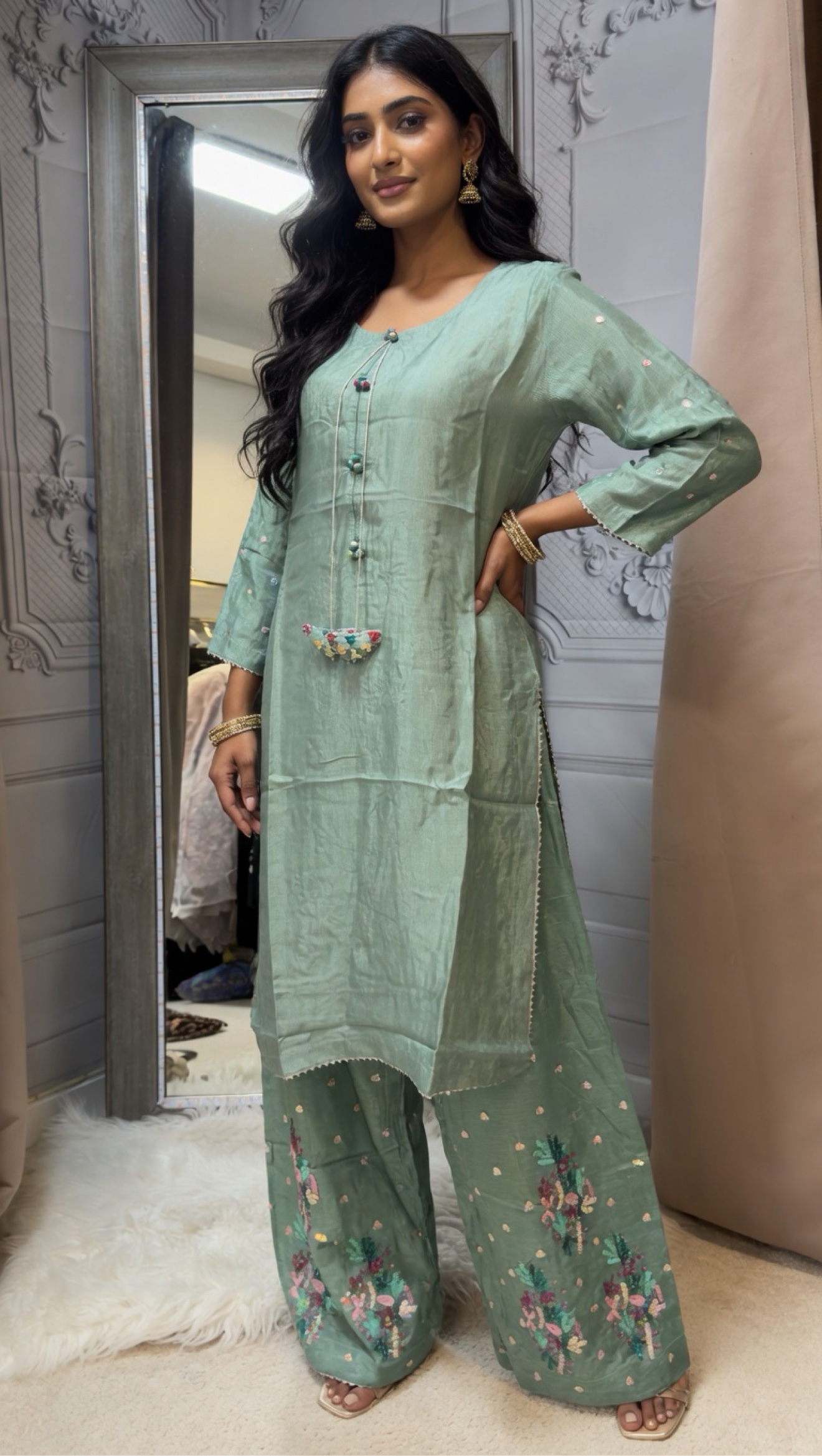 sage green floral embroidered kurta set with palazzo & dupatta sage green floral embroidered kurta set with palazzo & dupatta