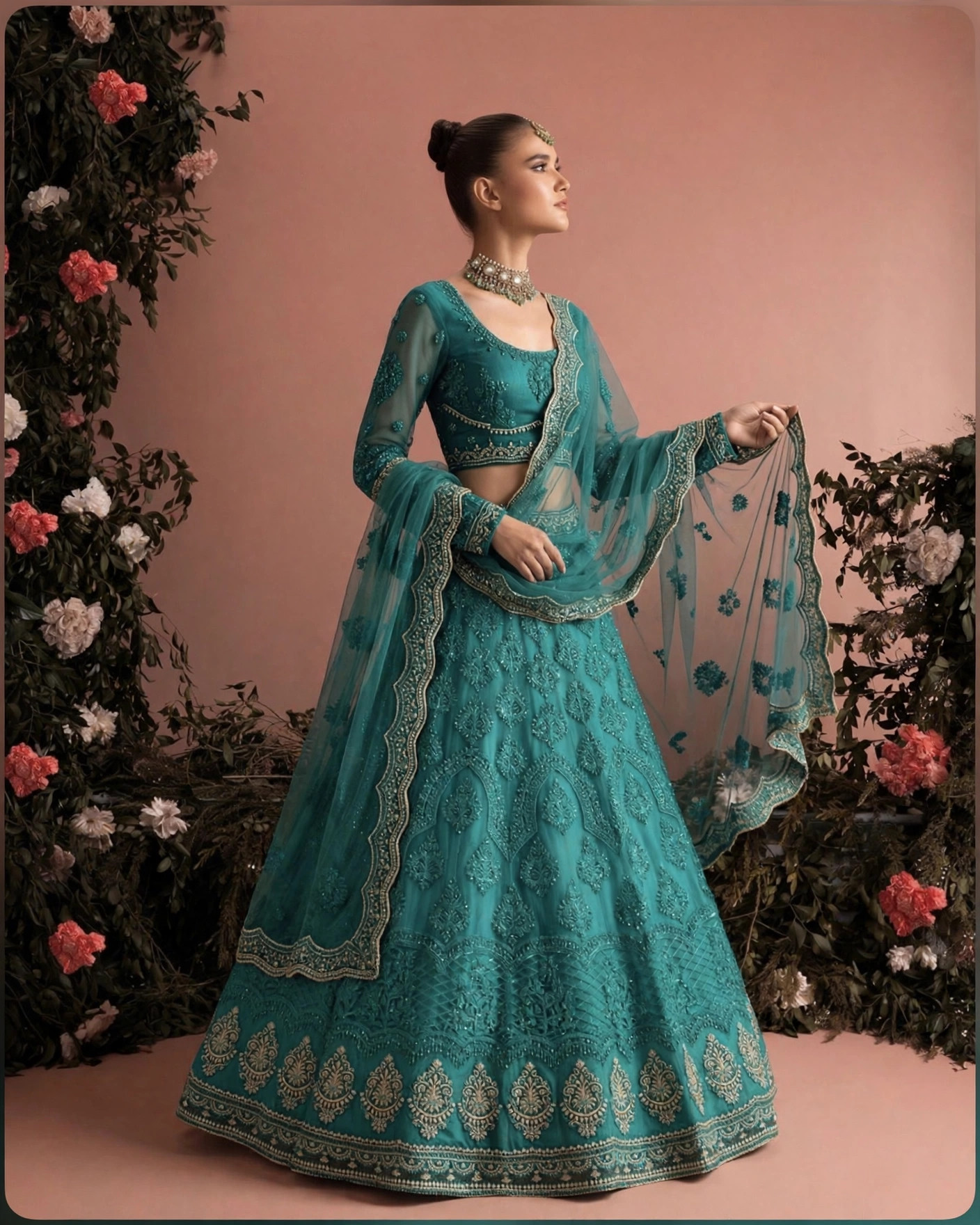 teal lehenga pose2